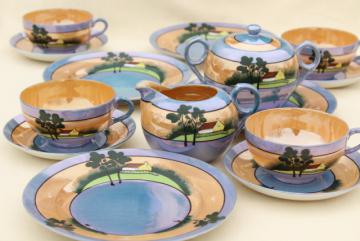 vintage Japan porcelain tea cups & saucers, plates, cream & sugar set, hand painted cottage ware