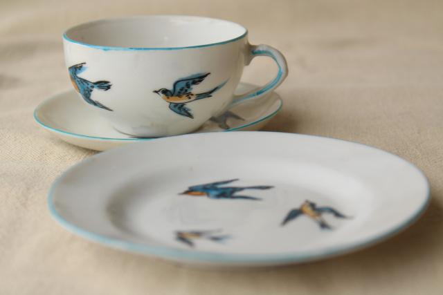 vintage Japan porcelain tea set, child's size toy dishes hand painted bluebird china