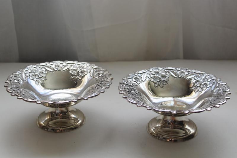 vintage Japan silver plated bonbon bowls, pair of candy dishes w/ ornate floral pattern