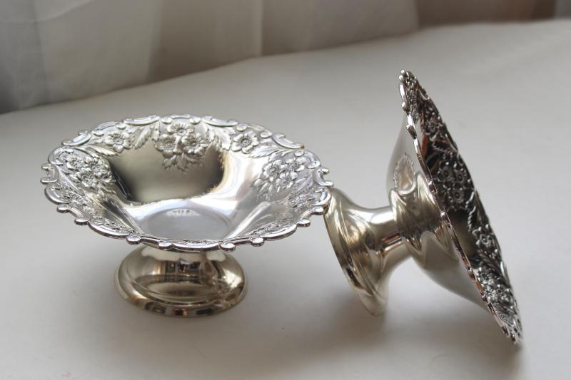 vintage Japan silver plated bonbon bowls, pair of candy dishes w/ ornate floral pattern