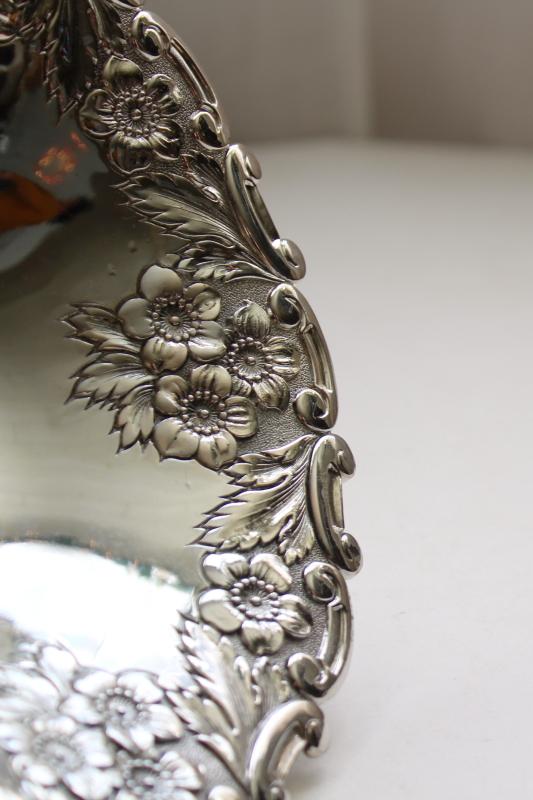 vintage Japan silver plated bonbon plate, candy dish w/ ornate floral pattern