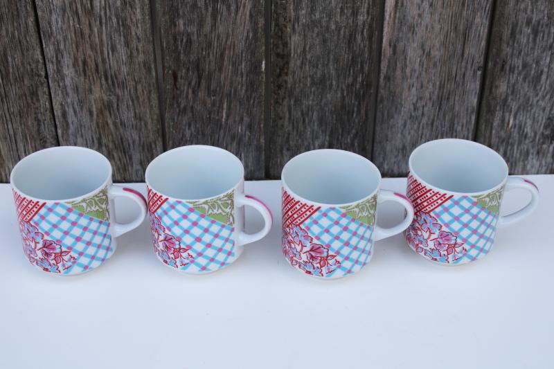 vintage Japan stackable ceramic mugs w/ girly pink patchwork print, cottage core coffee cups 