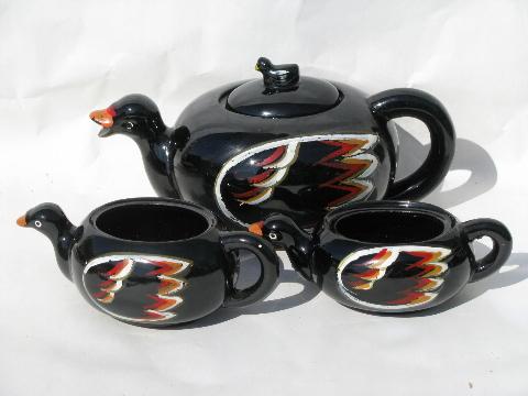 vintage Japan stacking teapot, hand-painted duck, drake & duckling family