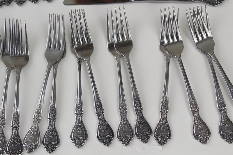 vintage Japan stainless flatware set, Normandy ornate floral baroque style silverware