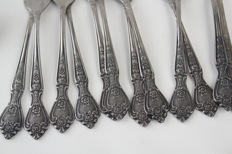 vintage Japan stainless flatware set, Normandy ornate floral baroque style silverware