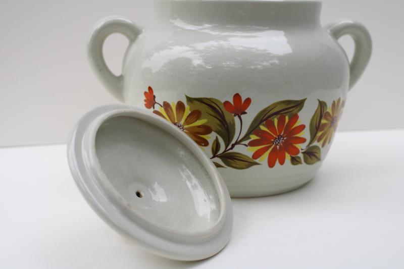 vintage Japan stoneware bean pot Capri JMP, fall flowers ceramic cookie jar