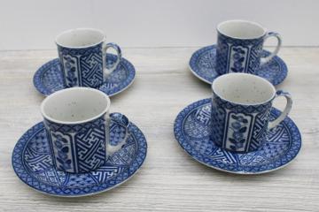vintage Japan stoneware pottery cups  saucers, traditional Arita fan pattern all in blue