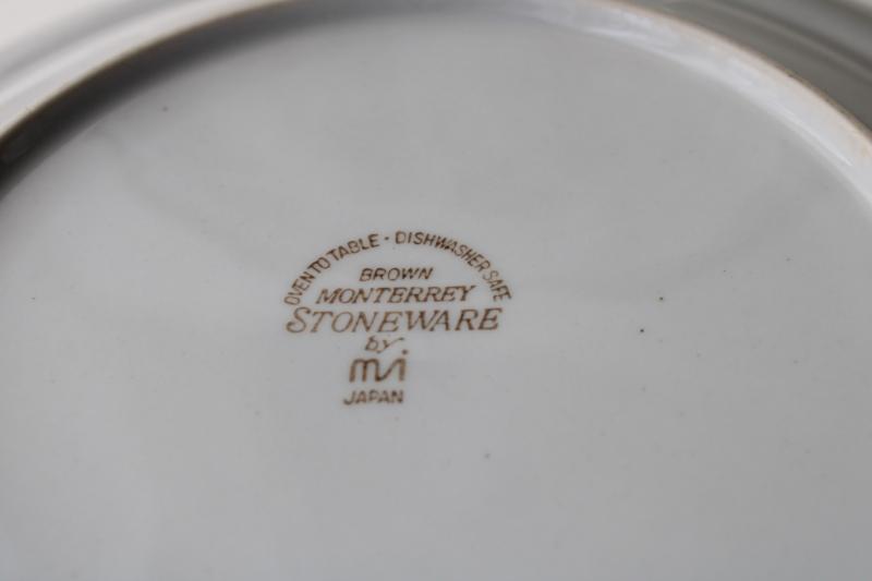 vintage Japan stoneware pottery dinner plates, Monterrey retro brown flowers 