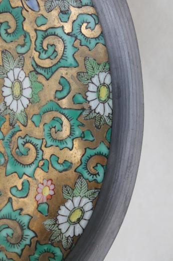 vintage Japanese porcelain bowl, hand-painted china bowl w/ pewter cladding