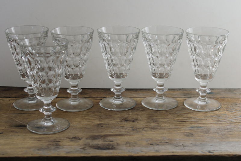 vintage Jeannette glass thumbprint pattern water glasses, heavy crystal clear goblets
