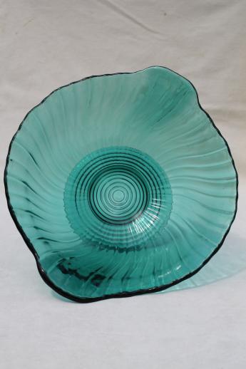 vintage Jeannette ultramarine teal blue glass bowl, swirl pattern low footed bowl