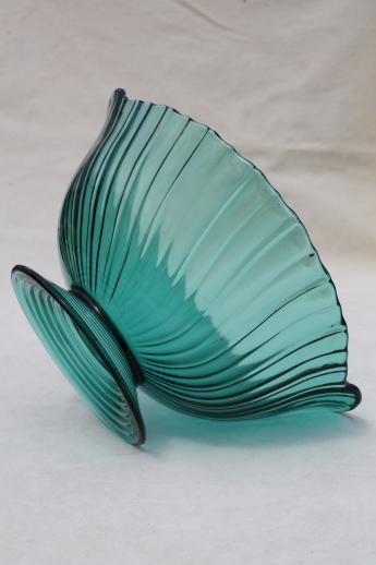vintage Jeannette ultramarine teal blue glass bowl, swirl pattern low footed bowl