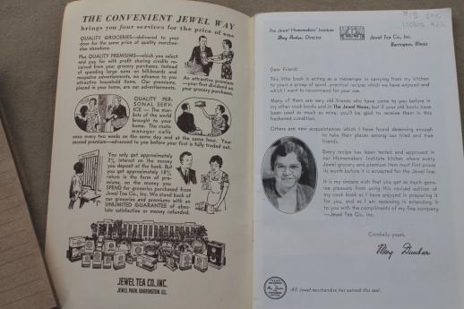 vintage Jewel Tea cook book, Mary Dunbar's Favorite Recipes 30s Jewel T advertising