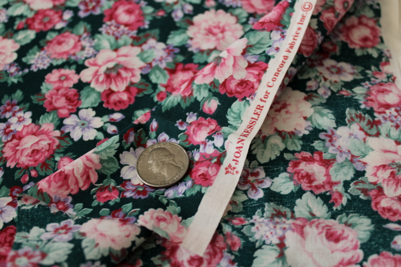 vintage Joan Kessler floral print cotton fabric, pink flowers on deep green