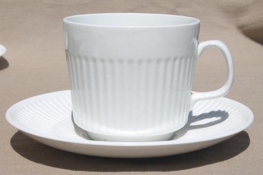 vintage Johnson Bros Athena cups & saucers, ribbed column pattern pure white china