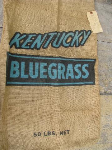 vintage Kentucky Bluegrass seed sack, old farm primitive burlap bag