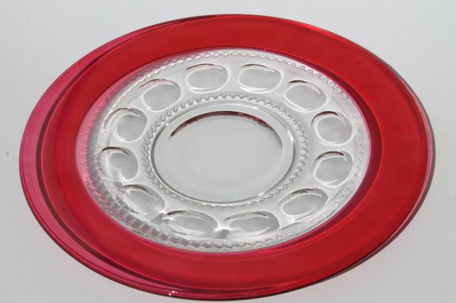 vintage Kings Crown pattern glass cake plate w/ ruby stain border, pretty for Christmas!