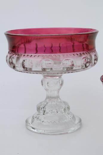 vintage King's Crown ruby flash thumbprint glass candy dish & candle holders