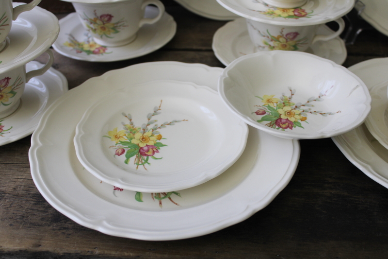 vintage Knowles china dinnerware set for 6 Easter spring flowers daffodils tulips willow buds