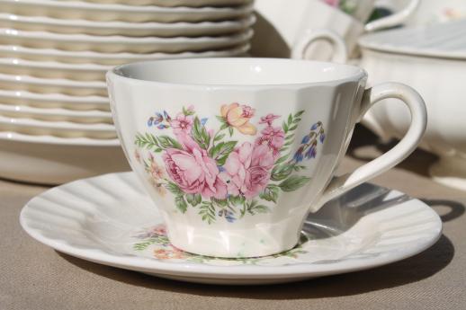 vintage Knowles rose bouquet china set for 12, pink cabbage roses & flowers