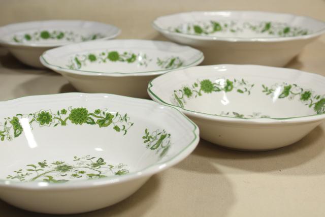vintage Korea stoneware pottery salad bowls set, green India tree of life transferware pattern