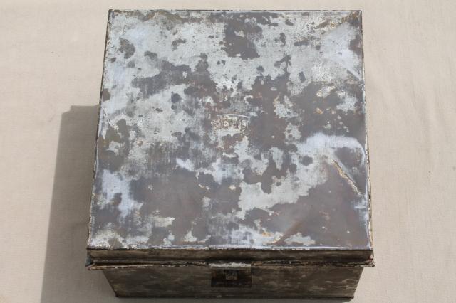 vintage Kreamer bread box or storage tin, metal box w/ worn antique zinc patina