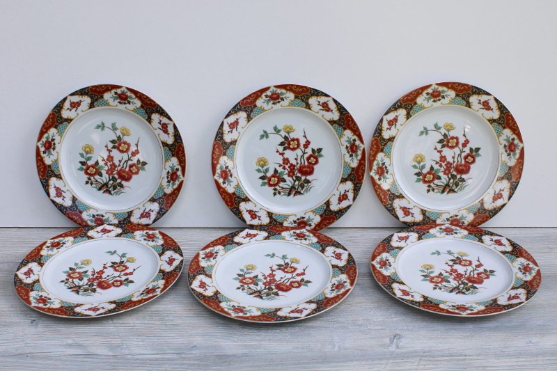 vintage Kyoto pattern china dinner plates Imari red  blue w/ flowering branches