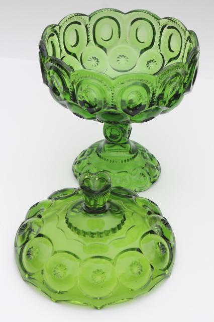 vintage L E Smith Moon & Stars green glass tall large compote bowl w/ lid