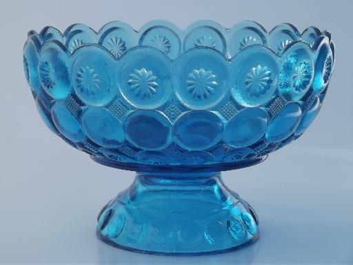 vintage L E Smith moon & stars  glass compote bowl, retro aqua blue glass
