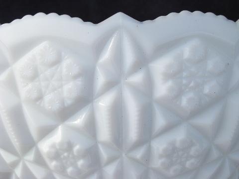 vintage L E Smith or Indiana glass milk white Heritage quilted star pattern lot, compote etc.