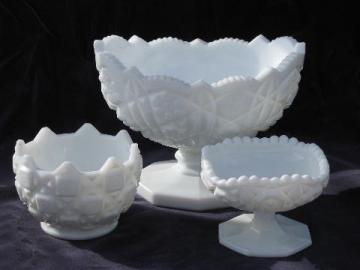 vintage L E Smith or Indiana glass milk white Heritage quilted star pattern lot, compote etc.