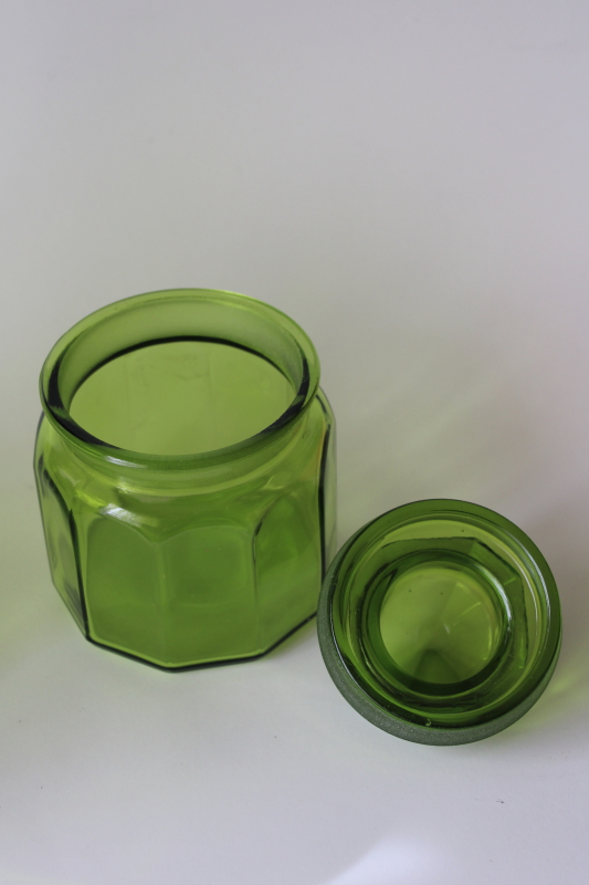 vintage L E Smith paneled pattern glass canister jar, small jar w/ lid, dark green