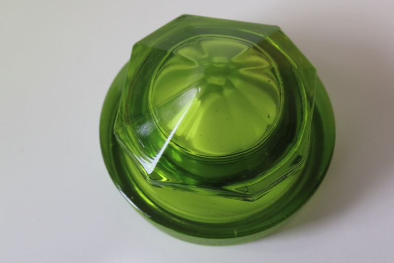 vintage L E Smith paneled pattern glass canister jar, small jar w/ lid, dark green