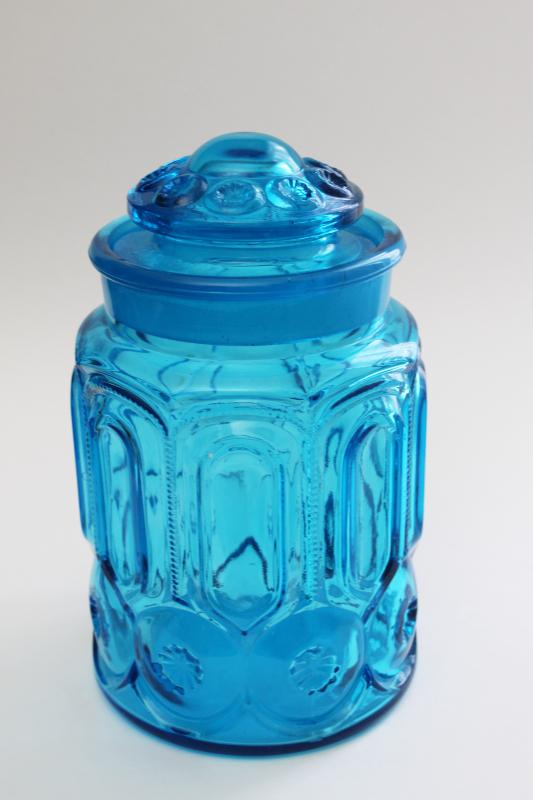 vintage LE Smith blue glass Moon & Stars pattern small canister jar w/ lid
