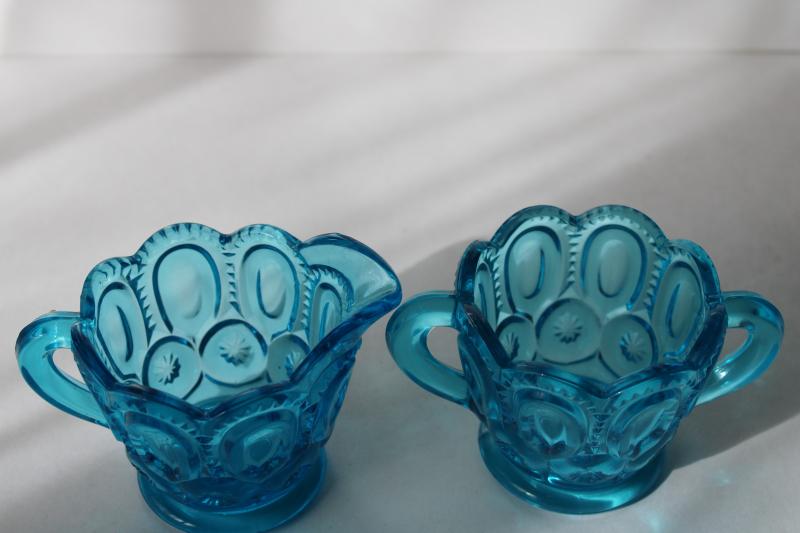 vintage LE Smith moon & stars blue glass cream & sugar set, mini pitcher sugar bowl