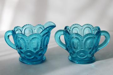 vintage LE Smith moon & stars blue glass cream & sugar set, mini pitcher sugar bowl
