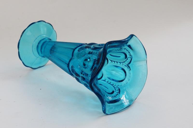 vintage LE Smith moon and stars blue glass vase, flared trumpet shape vase
