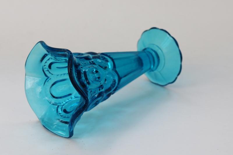 vintage LE Smith moon and stars blue glass vase, flared trumpet shape vase