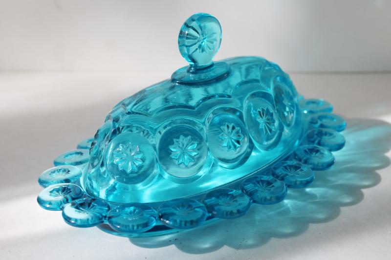 vintage LE Smith moon & stars blue glass covered butter dish, plate & lid