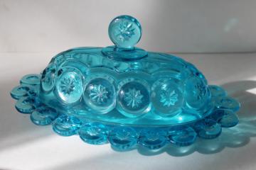 vintage LE Smith moon & stars blue glass covered butter dish, plate & lid