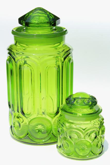 vintage LE Smith moon & stars pattern glass canisters, green glass jars w/ lids