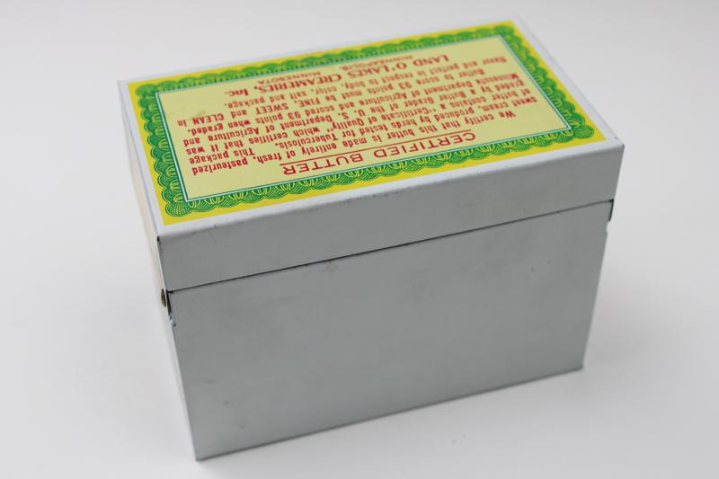 vintage Land O Lakes butter recipe box, Ohio Art metal tin old graphics Indian maiden