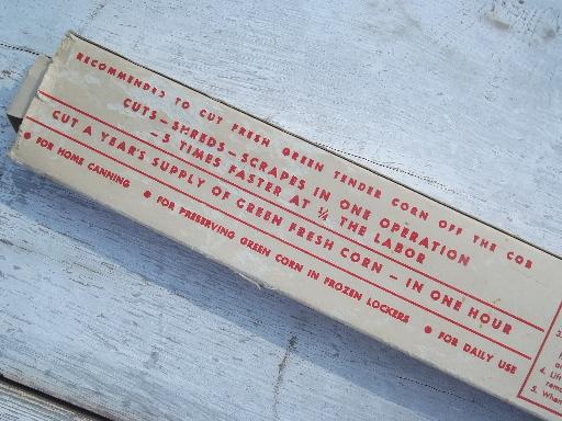 vintage Lee's sweet corn cutter in box, cut kernels from corn on the cob