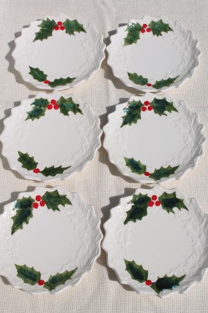 vintage Lefton Christmas holly white china coffee cups dessert plates set, hand painted Japan