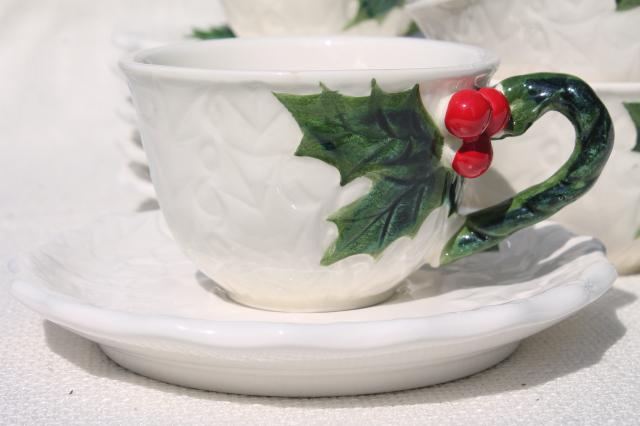 vintage Lefton Christmas holly white china coffee cups dessert plates set, hand painted Japan