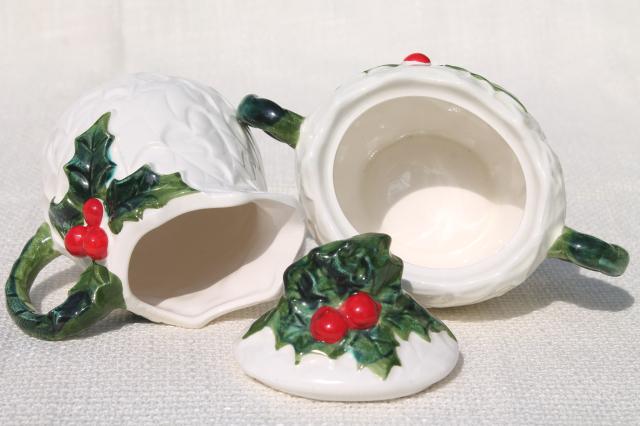 vintage Lefton Christmas holly white china cream & sugar set, hand painted ceramic made in Japan