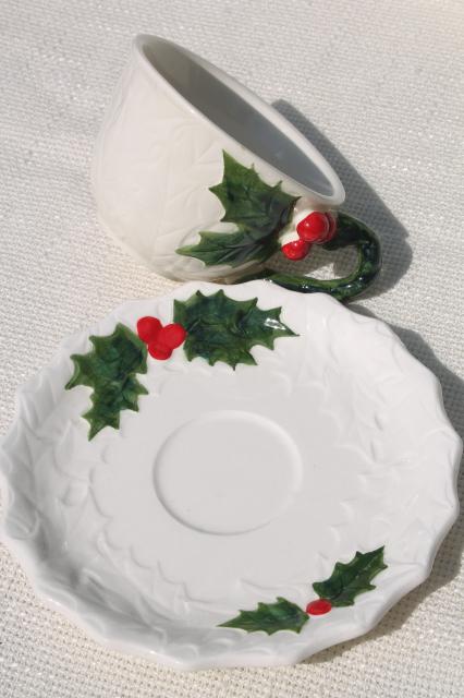 vintage Lefton Christmas holly white china cups & saucers, hand painted ceramic made in Japan