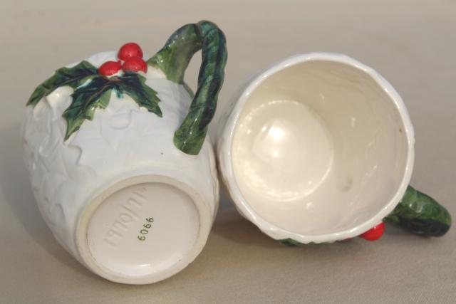 vintage Lefton Christmas mugs, white china  w/ red & green holly, made in Japan