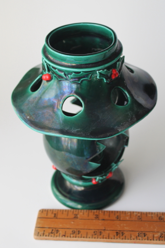 vintage Lefton Japan Christmas holly green ceramic lantern lamp candle holder