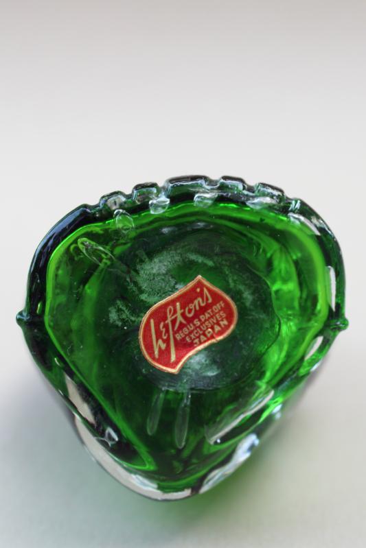 vintage Lefton art glass owl paperweight, controlled bubbles clear cased green glass